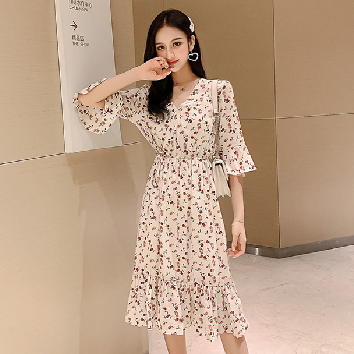 Summer new collar Floral Chiffon Dress sweet waist flared Sleeve Ruffle mid length skirt