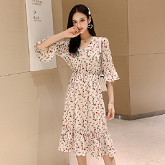 Summer new collar Floral Chiffon Dress sweet waist flared Sleeve Ruffle mid length skirt