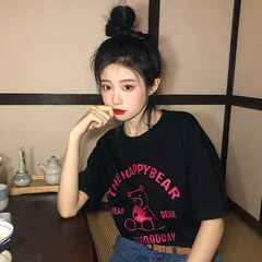 夏季韓版新款寬鬆大版古着感印花小熊超火白色短袖恤上衣女