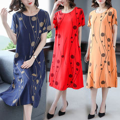 Ice silk dress 2021 middle aged and old women's large lace mother's summer new short sleeve refreshing knee length skirt