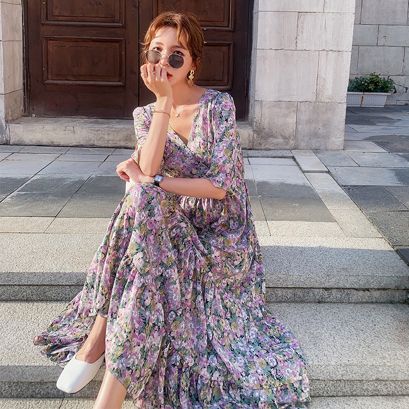 Summer new Purple Floral Dress 2021 new white temperament trend large base long skirt