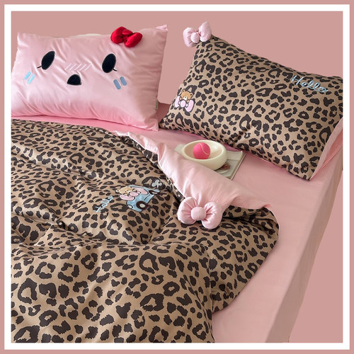 少女心豹纹蝴蝶结100支纯棉长绒棉四件套全棉被套床单床上用品