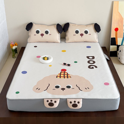 立体卡通小狗冰丝席三件套900D夏季空调软凉席子床笠款可水洗折叠