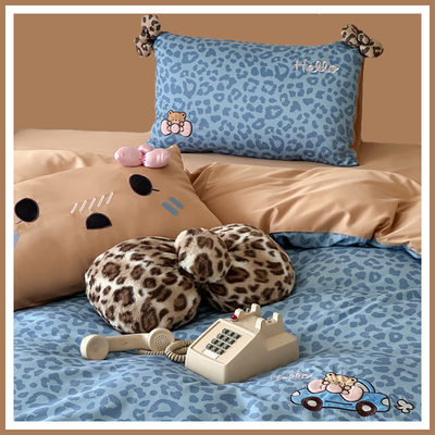 ins蓝色豹纹蝴蝶结100支纯棉长绒棉四件套全棉被套床单床上用品