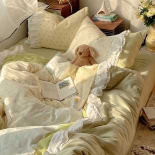 小清新花边花朵超柔裸睡双层纱布全棉四件套透气纯棉被套床上用品