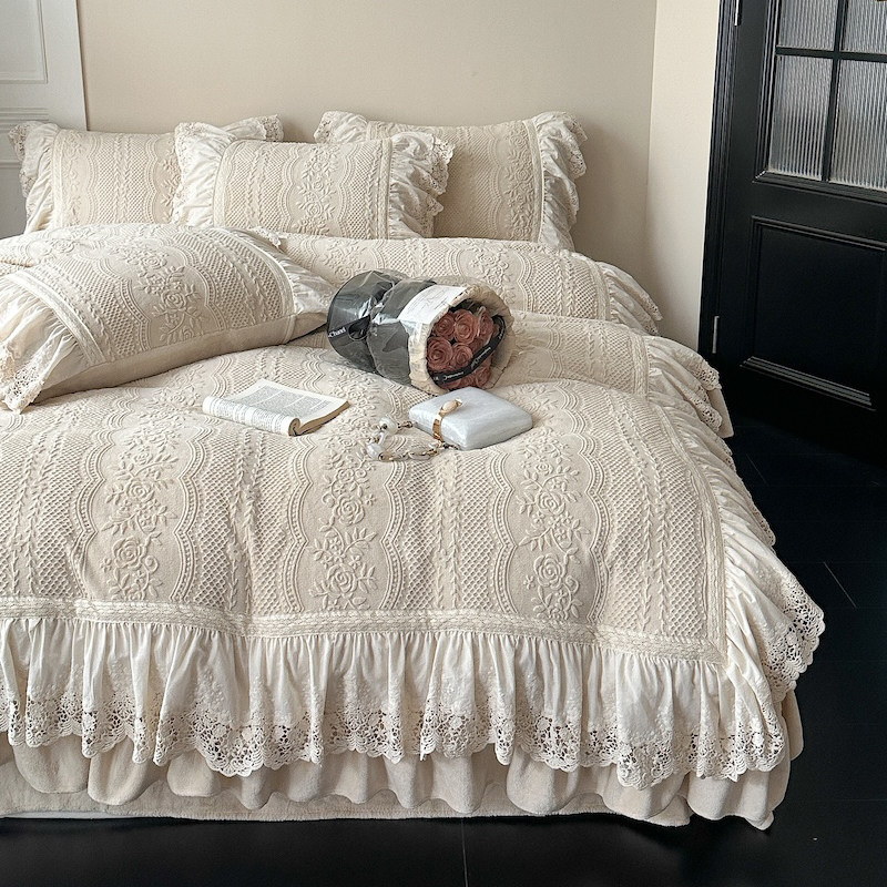 法式花边秋冬加厚保暖雕花绒牛奶绒四件套法莱珊瑚绒被套床上用品