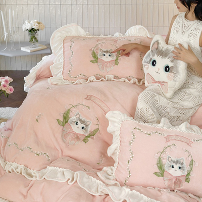ins蕾丝猫咪刺绣秋冬加厚保暖牛奶绒床上四件套珊瑚绒法莱绒被套