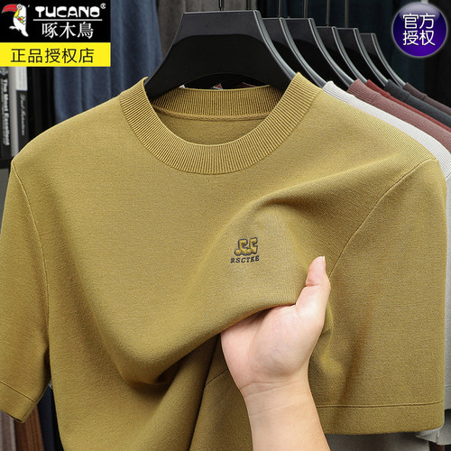 啄木鸟短袖针织衫男圆领半袖毛衣