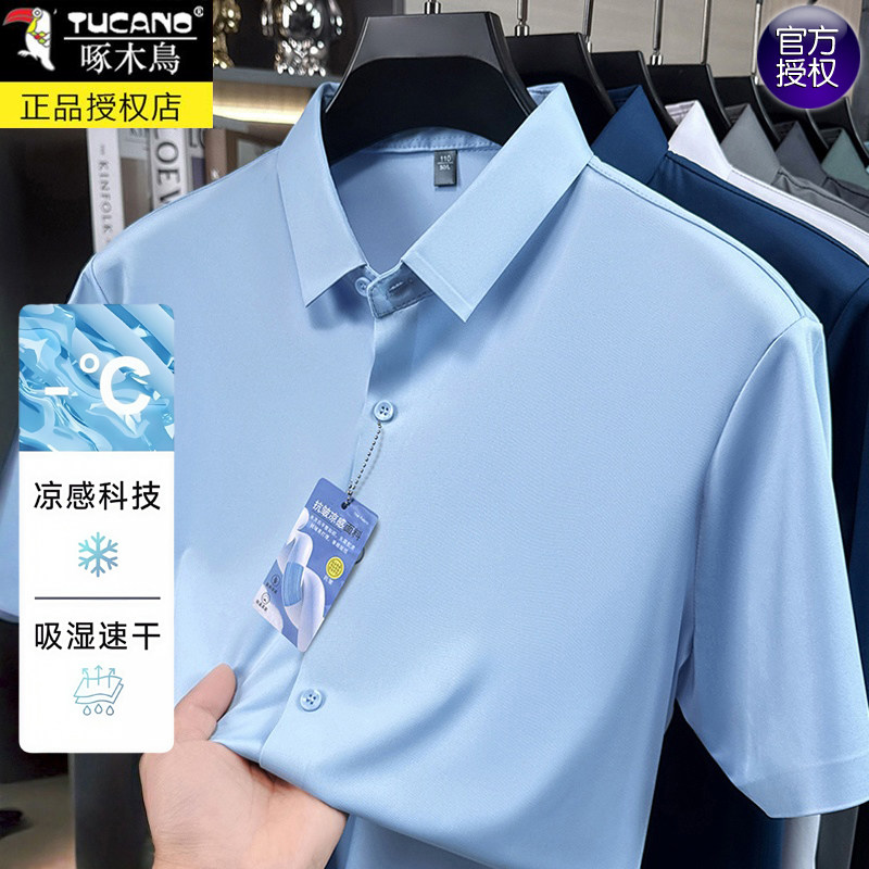 啄木鸟白衬衫男士短袖商务正装免烫寸衫抗皱中年爸爸夏装冰丝衬衣