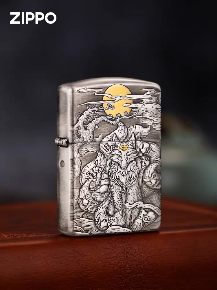 zippo正版煤油防风打火机 熏银九尾狐双面盔甲浮雕男收藏送礼