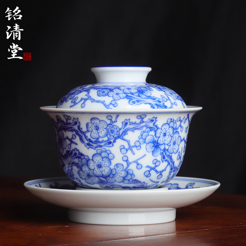 代表作铭清堂于君窑青花粗枝满梅三才盖碗手工泡茶器梅花陶瓷茶具