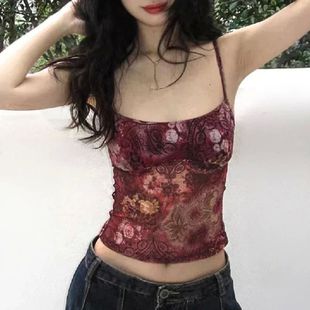 Cami Vintage Print Cute Women Red Top Y2K Floral Aesthetic