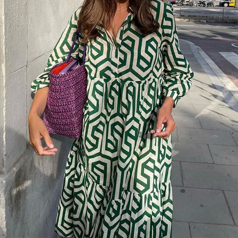 Women Vintage Print Maxi Dress Summer Casual Turn-down Colla