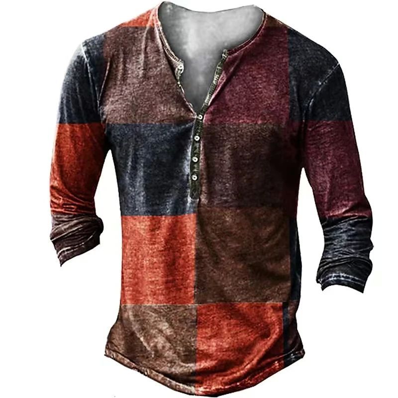 Vintage Men's T-Shirts With Button Ethnic Pattern Print Spri