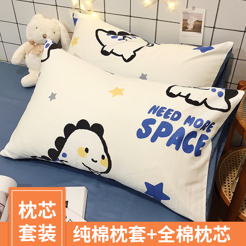 枕头带纯棉枕套家用全棉枕芯枕套装单人大学生宿舍护颈椎枕一对男