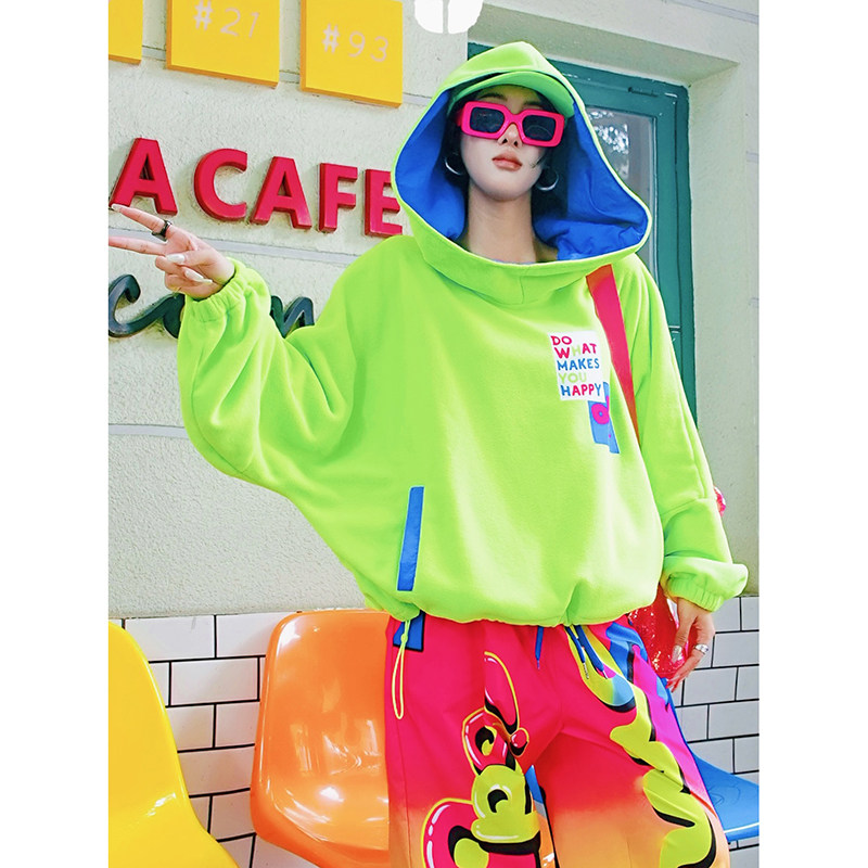 YHAY荧光绿彩色字母羊羔绒休闲卫衣冬新款连帽潮牌宽松加绒打底衫,女装/女士精品,卫衣/绒衫,淘宝优惠券,粉丝福利购,淘宝优惠卷
