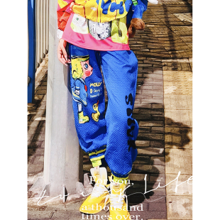 运动卫裤 卡通图案潮牌宽松大码 女 春夏新款 YHAY宝蓝彩色字母休闲裤