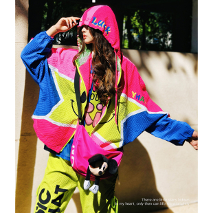 YHAY玫红宝蓝撞色休闲外套秋季 新五星笑脸潮牌连帽宽松夹克防晒衫