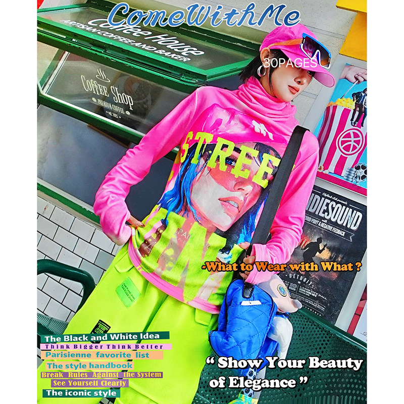 YHAY玫粉彩色字母加绒高领T恤秋冬新款涂鸦图案潮牌堆堆领打底衫,女装/女士精品,T恤,淘宝优惠券,粉丝福利购,淘宝优惠卷