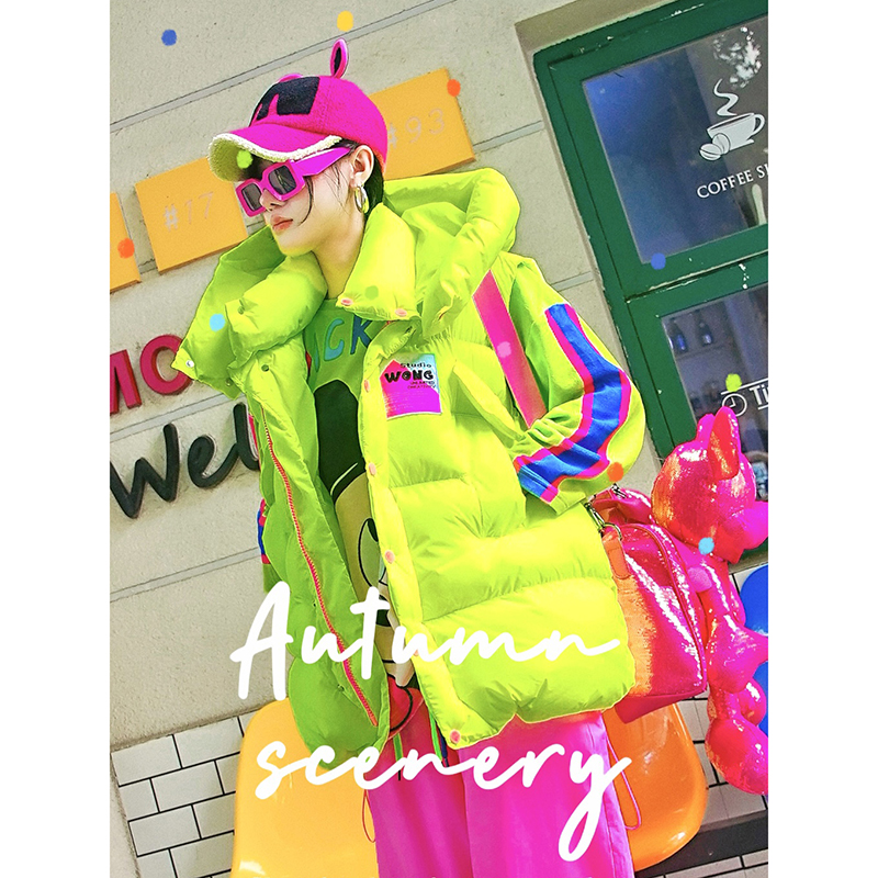 荧光绿玫红彩色字母休闲棉服马甲