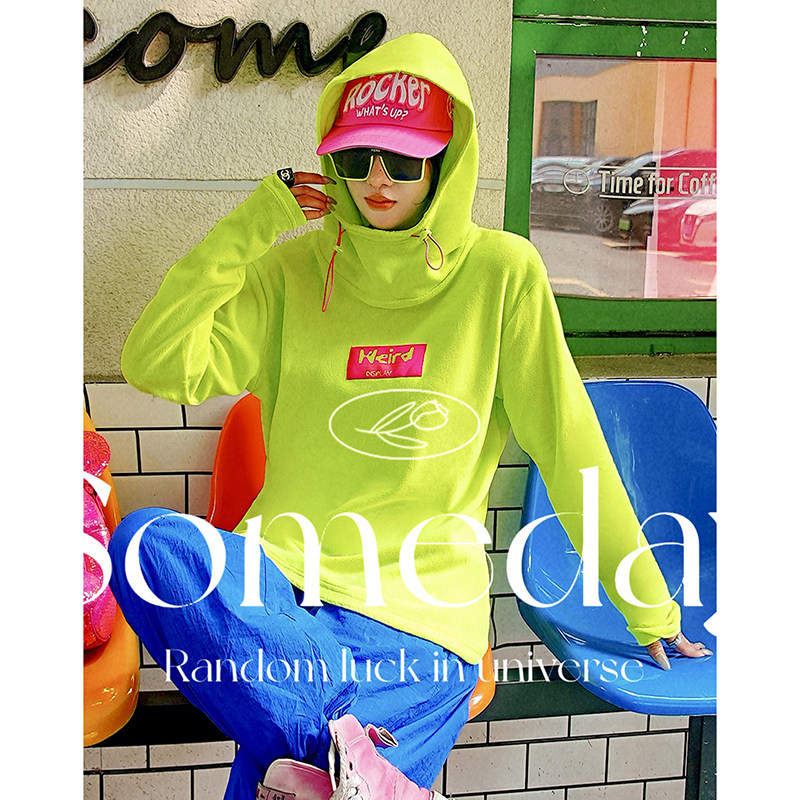 YHAY荧光绿彩色连帽加绒加厚休闲卫衣秋冬款衣字母贴布宽松打底衫,女装/女士精品,卫衣/绒衫,淘宝优惠券,粉丝福利购,淘宝优惠卷