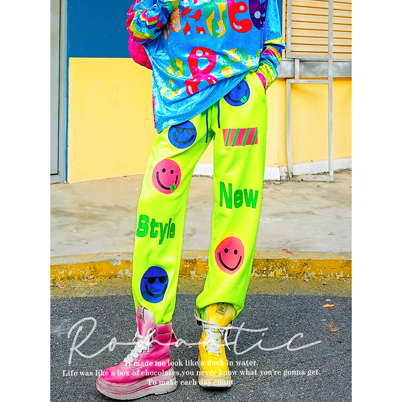 彩色字母笑脸图案运动休闲裤卫裤