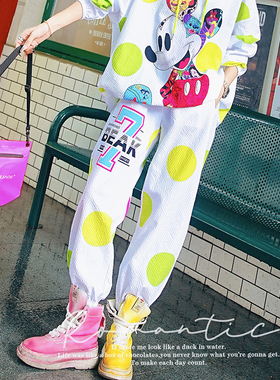 YHAY白色彩色字母休闲裤秋季新款荧光绿撞色图案潮牌宽松运动卫裤