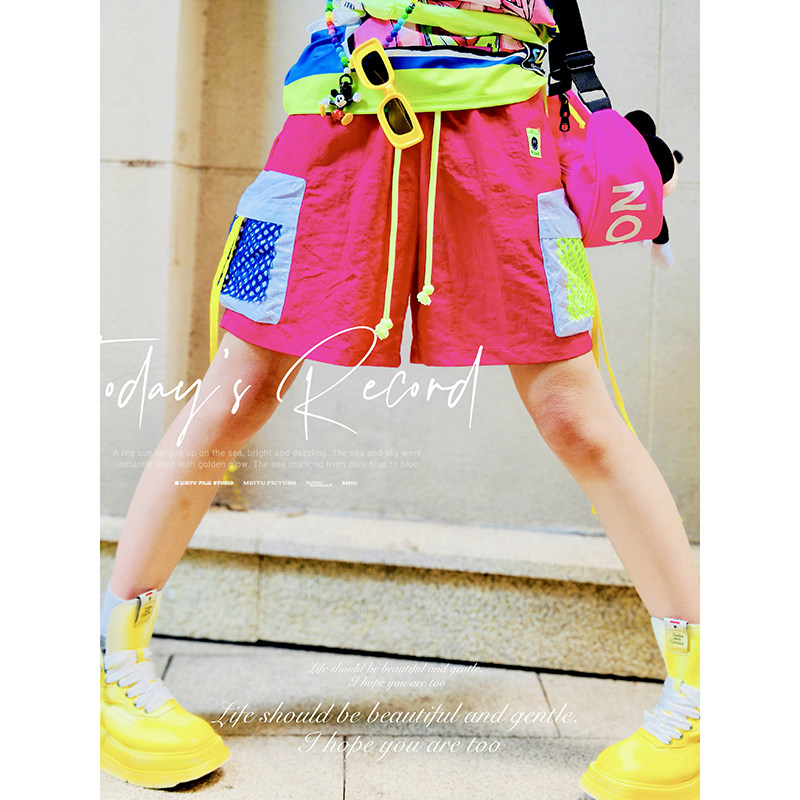 YHAY红色彩色口袋休闲短裤秋装新款撞色潮牌宽松运动工装沙滩裤女,女装/女士精品,休闲裤,淘宝优惠券,粉丝福利购,淘宝优惠卷