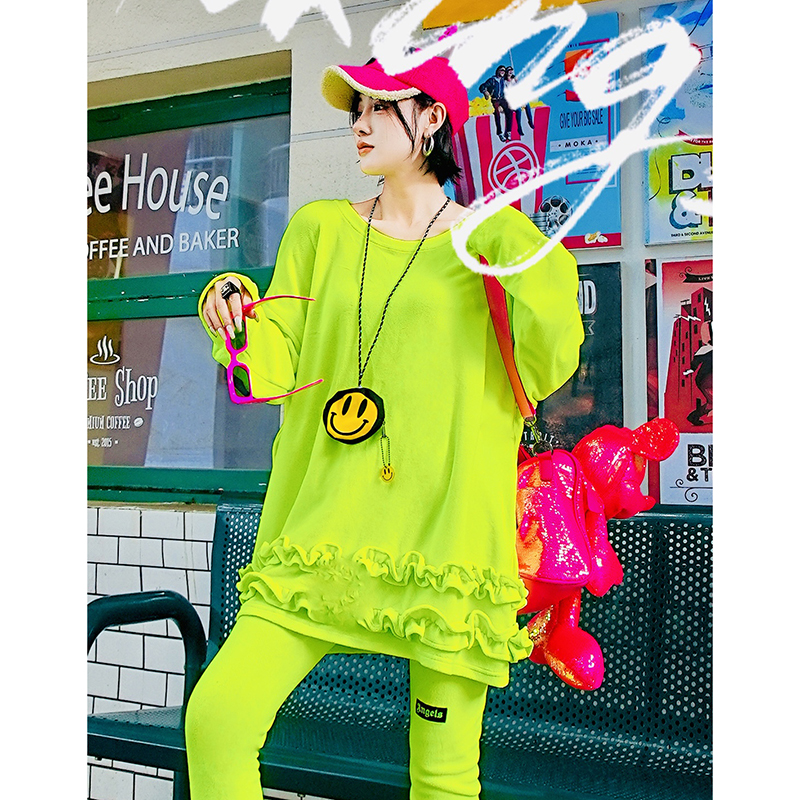 荧光绿彩色韩版加绒休闲打底卫衣