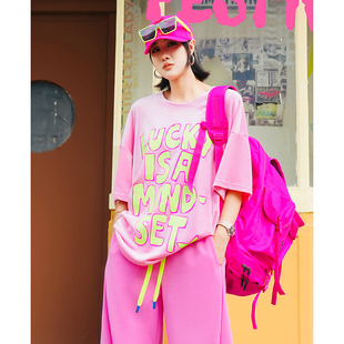 YHAY玫粉彩色字母休闲短袖 荧光绿多巴胺潮牌宽松体恤 T恤春夏新款