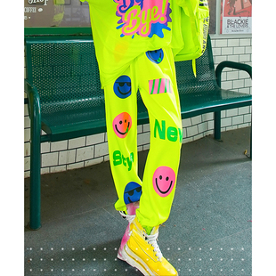 荧光绿彩色笑脸字母潮牌简约宽松束脚运动卫裤 秋冬新款 YHAY休闲裤