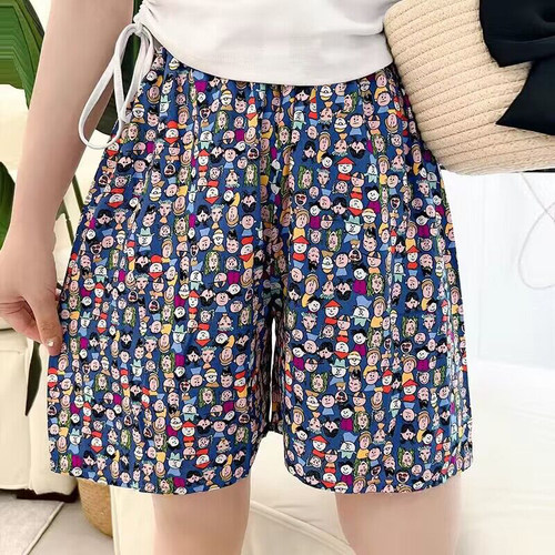 新款睡裤女夏款绵绸短裤人造棉沙滩裤速干印花宽松家居大码休闲裤
