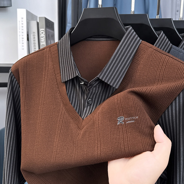 假两件t恤男长袖秋季衬衫领中年爸装秋衣条纹针织打底衫拼接上衣