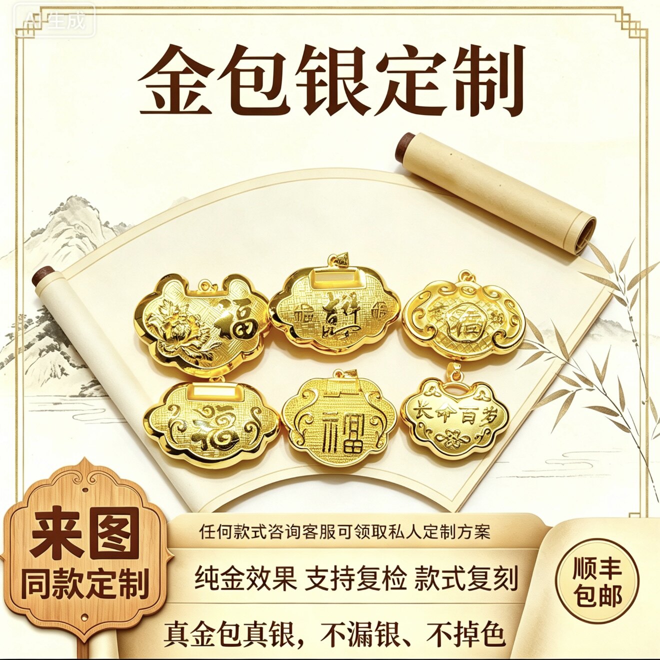 古法金包银宝宝锁定制平安长命锁吊坠婴儿百天周岁礼项圈锁包送礼