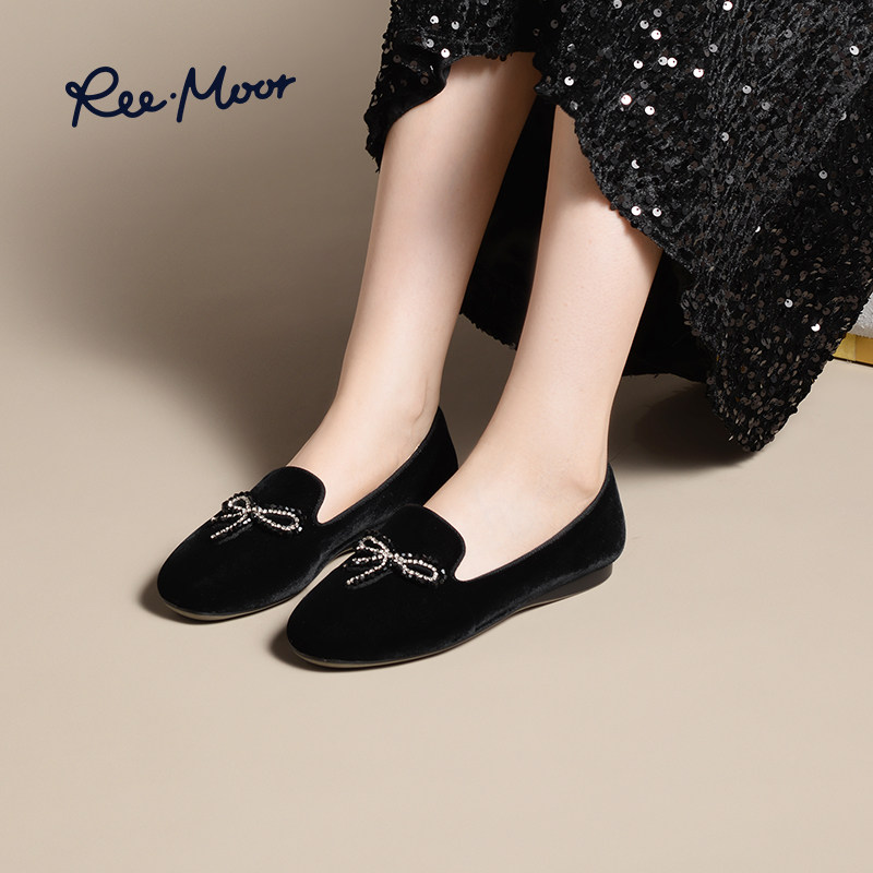 REEMOOR睿慕2025新款秋冬圆头乐福鞋浅口单鞋一脚蹬平底豆