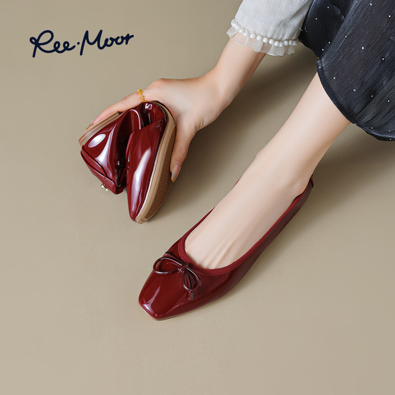 REEMOOR睿慕2025秋新款漆皮蛋卷鞋真皮浅口单鞋蝴蝶结通勤