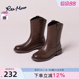 REEMOOR睿慕2026春季新款时尚复古圆头粗跟厚底增高短靴女短筒靴