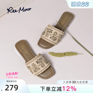 REEMOOR女平底刺绣花一字拖