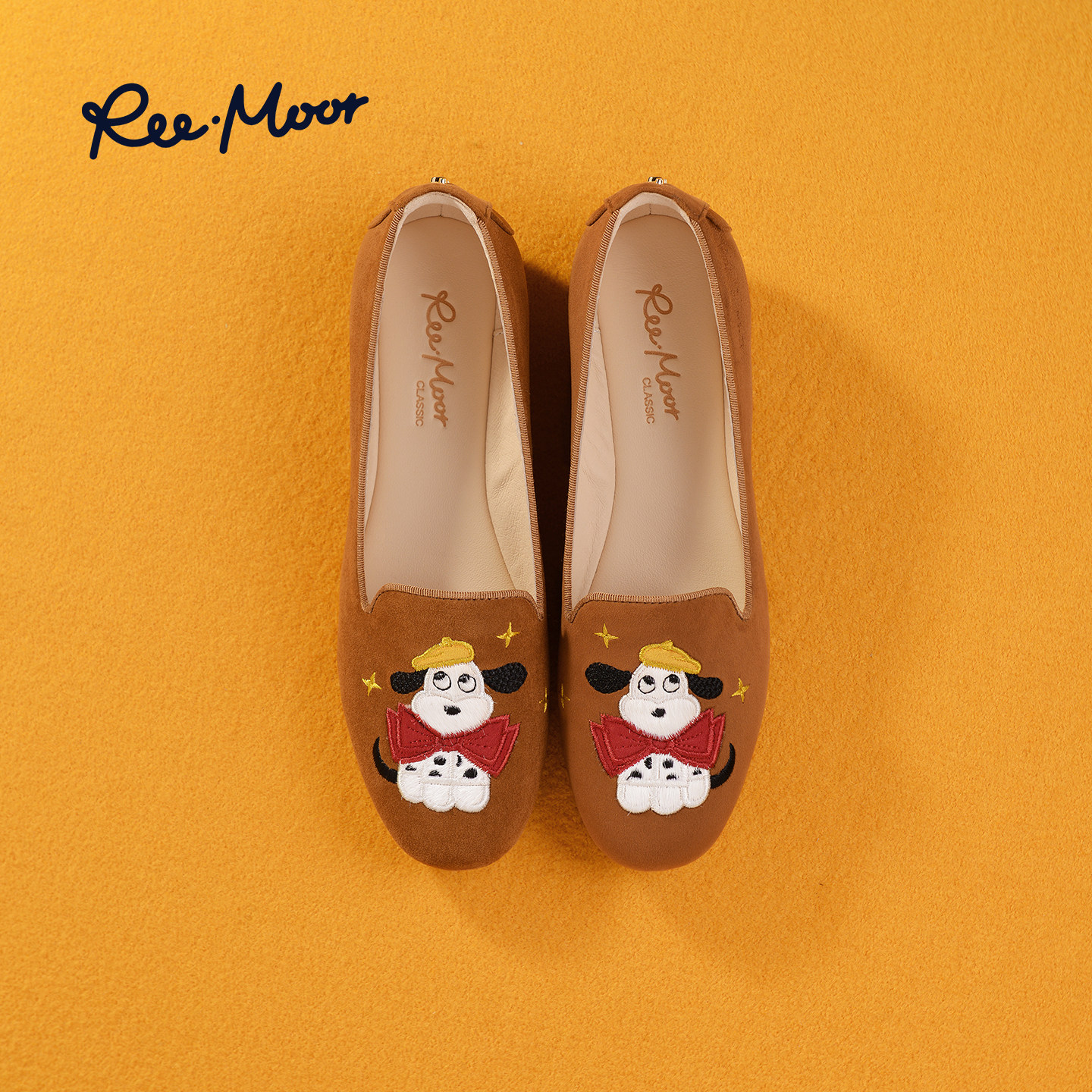 REEMOOR睿慕2025秋季新款圆头软底卡通刺绣一脚蹬乐福鞋豆