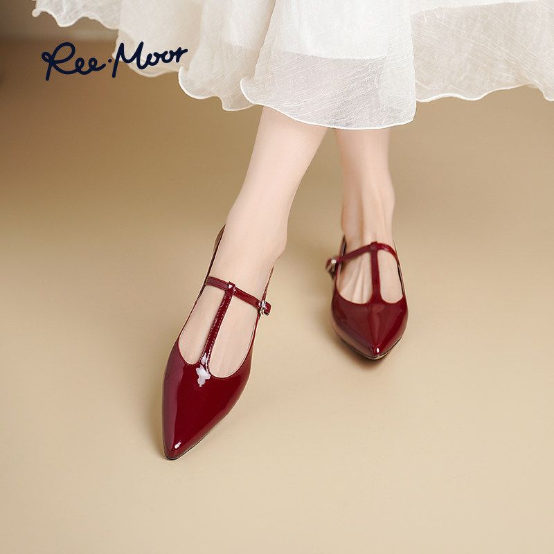 REEMOOR睿慕2025秋新款玛丽珍鞋女尖头法式复古T字绑带时装鞋子