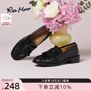 REEMOOR睿慕2025冬季新款复古流苏乐福鞋女一脚蹬粗跟小皮鞋单鞋