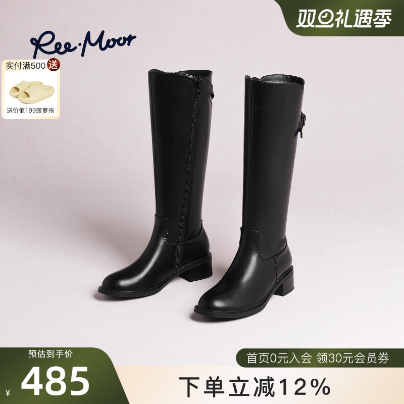 REEMOOR睿慕2025冬季新款皮带扣骑士靴女高筒粗跟后拉链机车靴