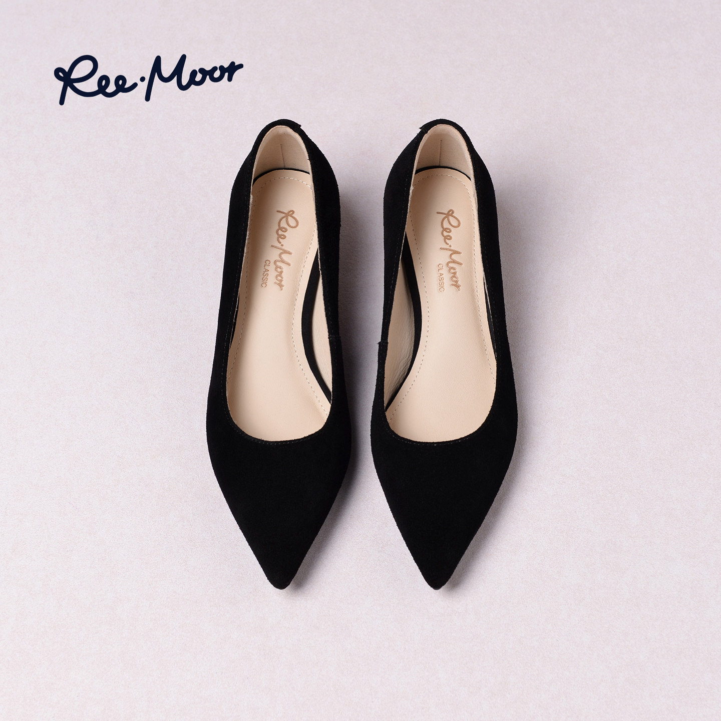 REEMOOR睿慕2026春季新款通勤尖头单鞋女黑色浅口粗跟气质