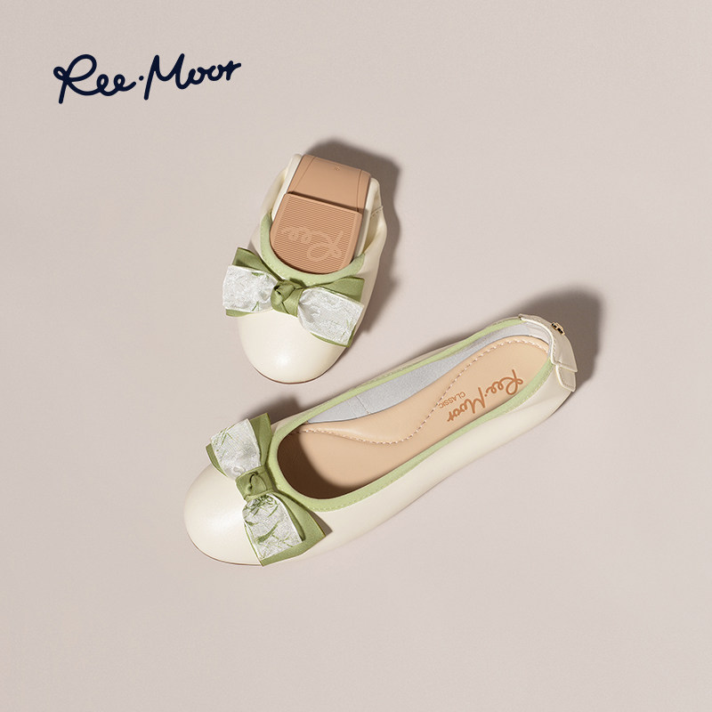 REEMOOR睿慕2025秋季新款法式甜美蝴蝶结珍珠芭蕾舞平底鞋