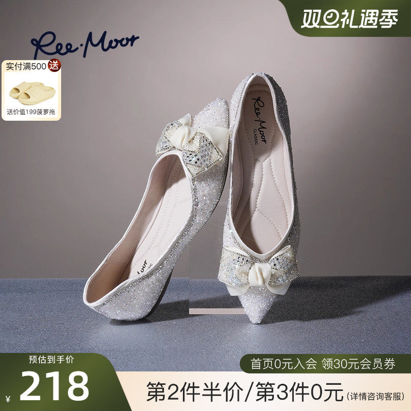 REEMOOR睿慕25新款浅口珍珠仙女风平底鞋蝴蝶结水钻尖头单鞋