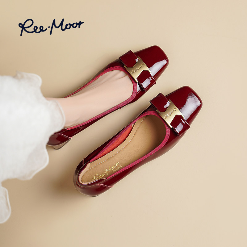 REEMOOR睿慕2025秋季新款漆皮粗跟增高浅口单鞋玛丽珍红色