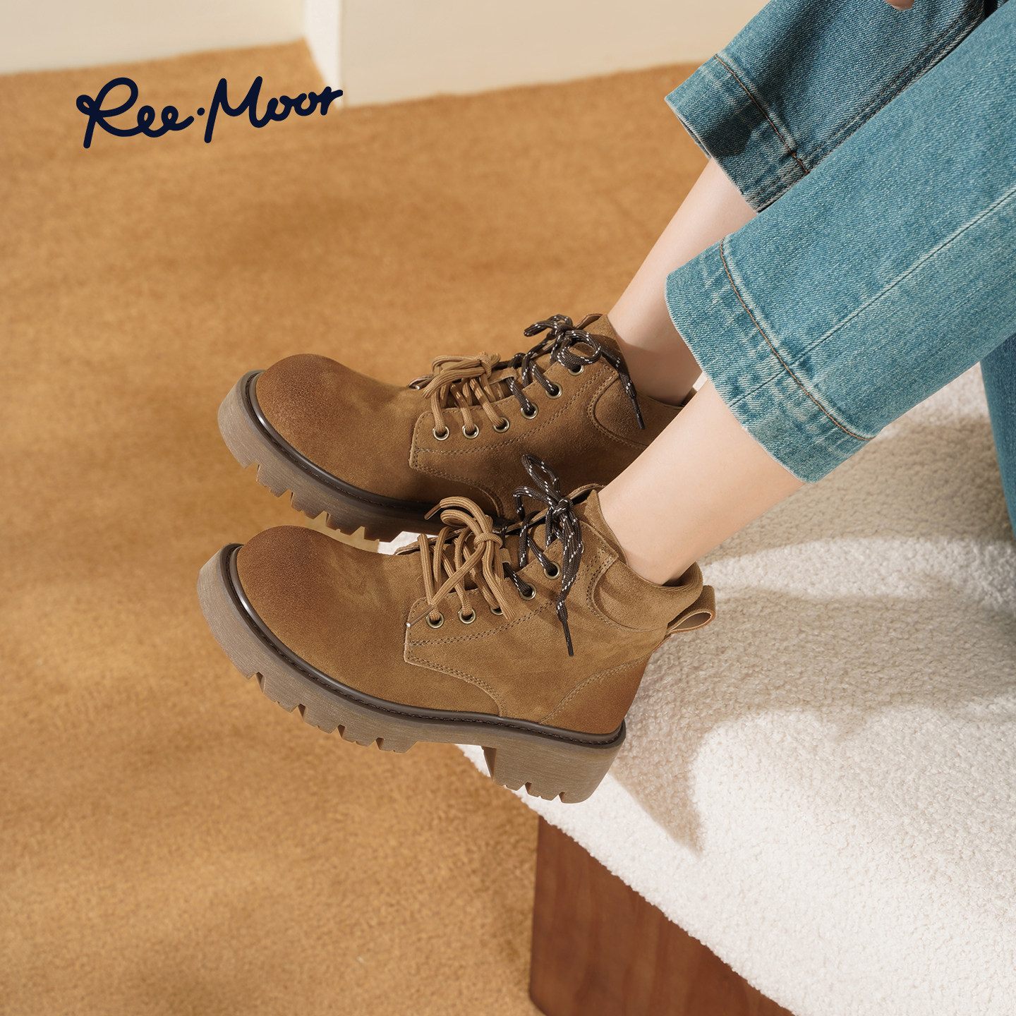 REEMOOR睿慕2025冬季新款复古英伦风圆头粗跟厚底增高马丁