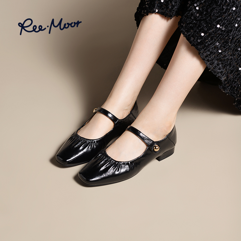 REEMOOR睿慕2025秋季新款小方头法式玛丽珍鞋通勤浅口粗跟单鞋女