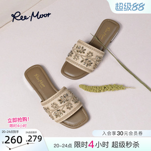 REEMOOR女平底刺绣花一字拖