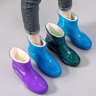 冬季雨鞋女短筒成人加厚绒雨靴防水鞋厨房工作防滑胶鞋套鞋保暖